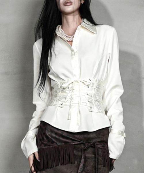 SATIN MIX CORSET SHIRT #IVORY JACQUARD