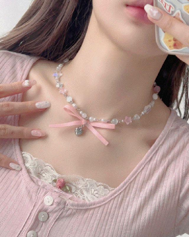 하이틴목걸이모음집 별 하트 바비 리본 큐빅 초커 목걸이 - 비즈 큐빅 체인 하트 매듭 진주 핑크 펄