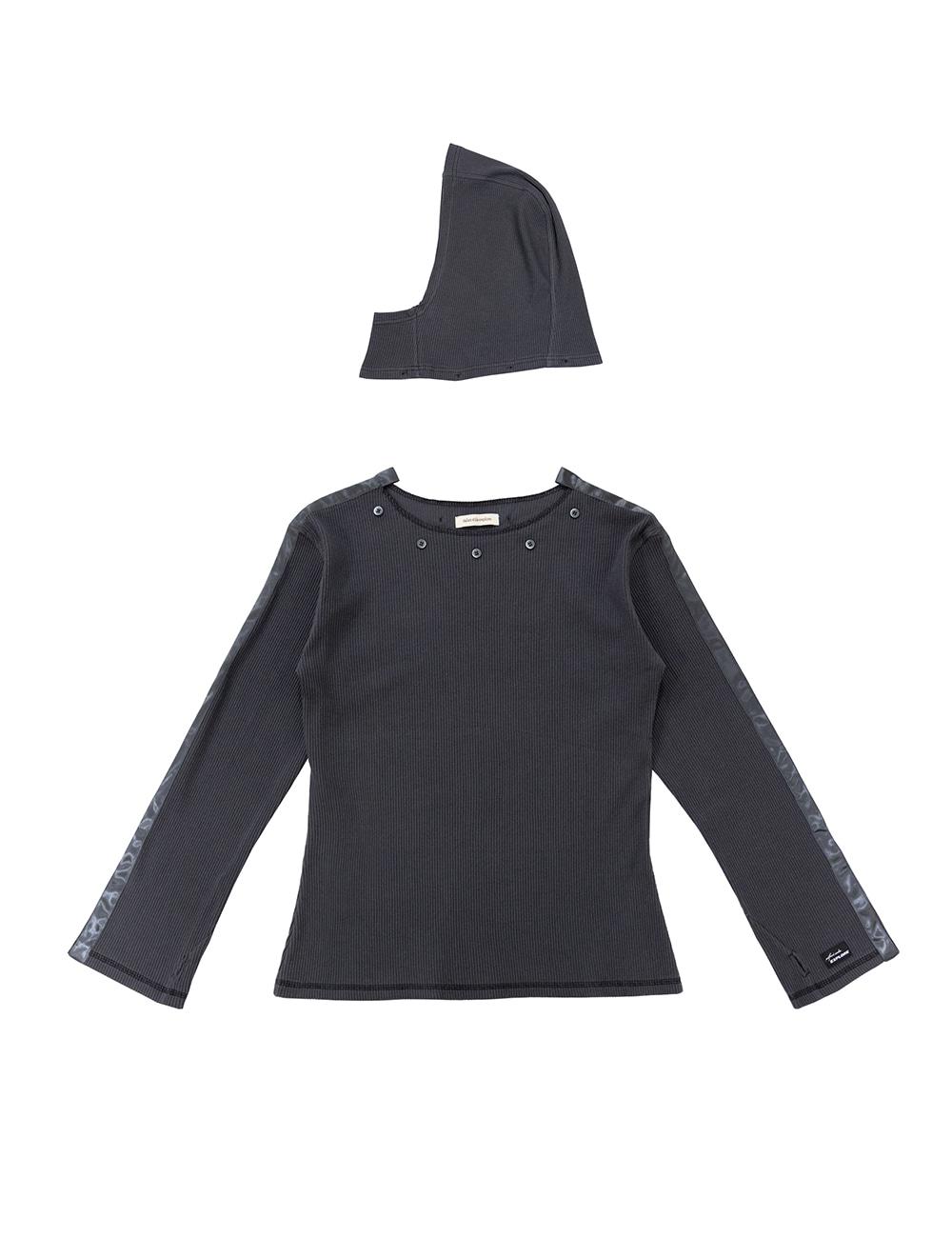 Button Hoodie Ribed Pullover in Dark Grey