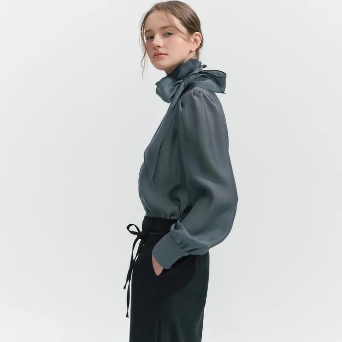 Roll collar Tie Blouse DARK GRAY