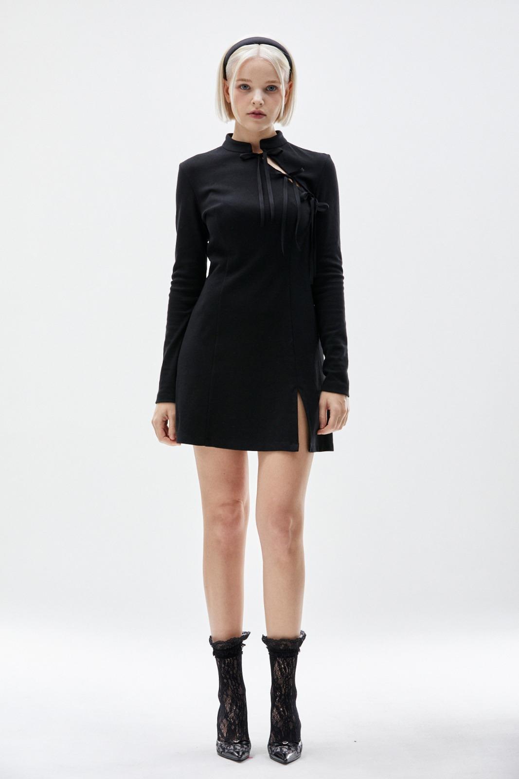 코튼) triple taped long sleeves mini dress-black