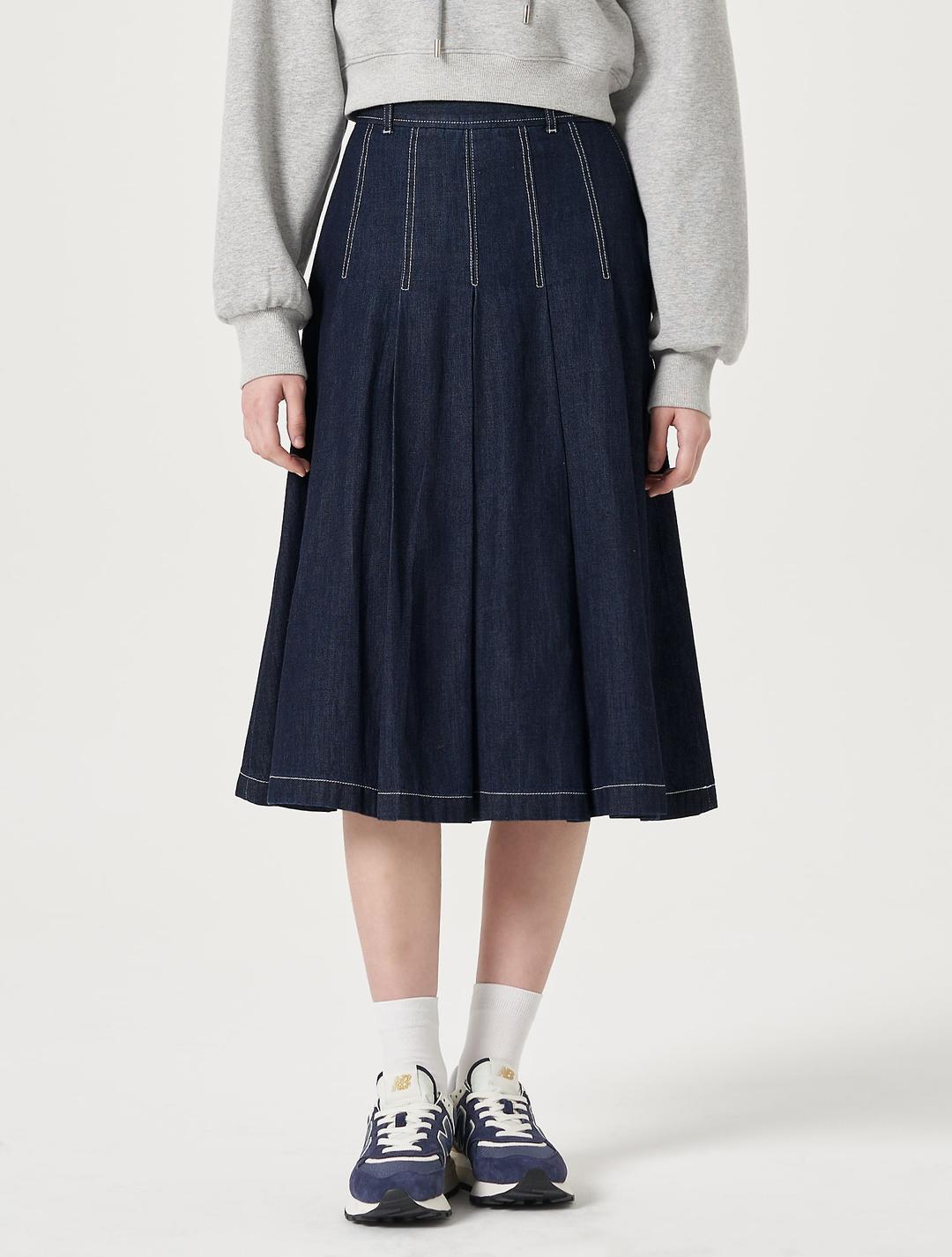 데님 플리츠 미디 스커트 - 네이비