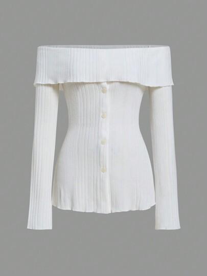 SHEIN EZwear 가을과 겨울 화이트 폴드오버 오프 숄더 버튼 프런트 슬림 핏 티셔츠