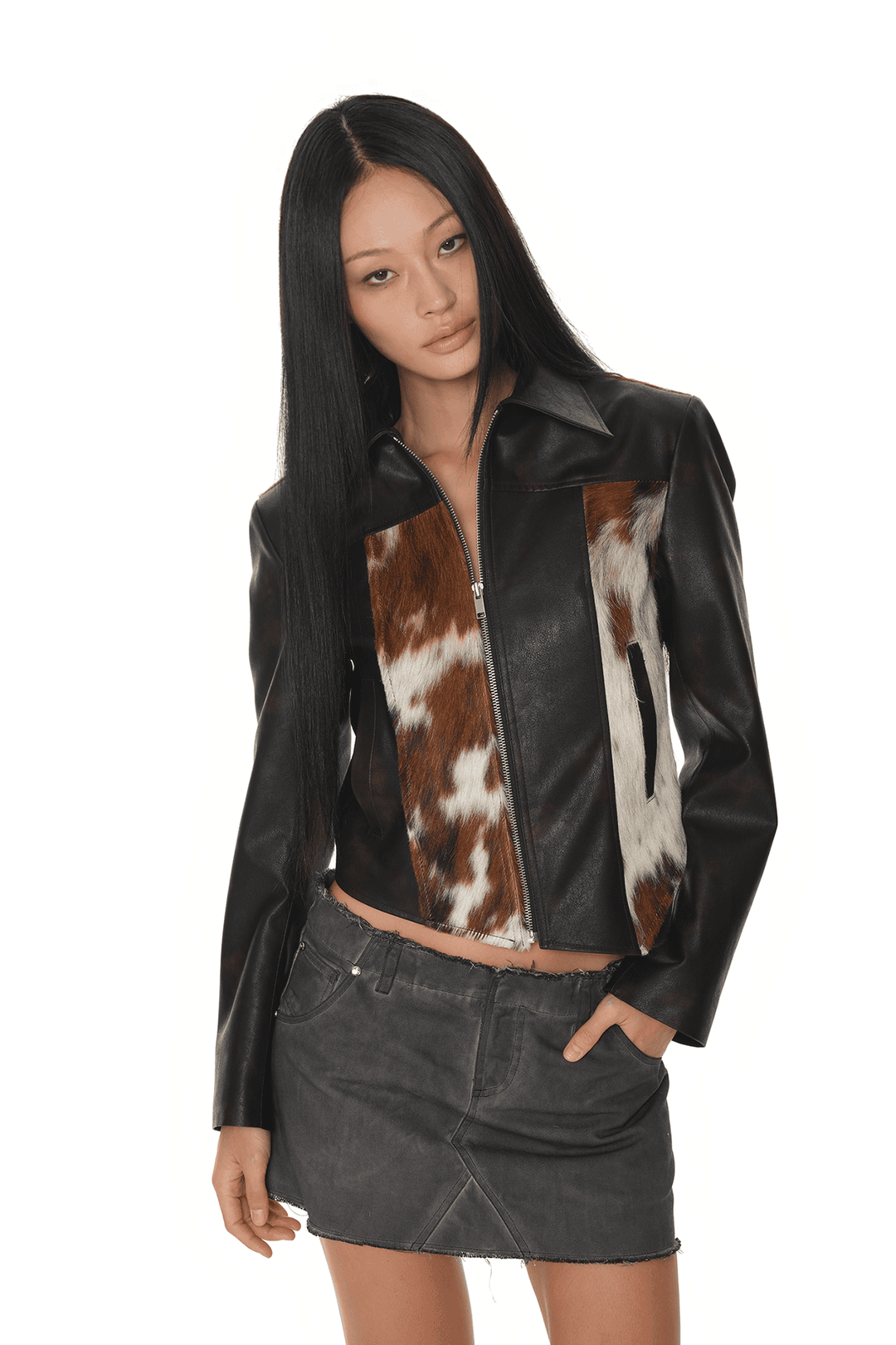 HAIRY LEATHER ASYMMETRIC JACKET (BROWN)