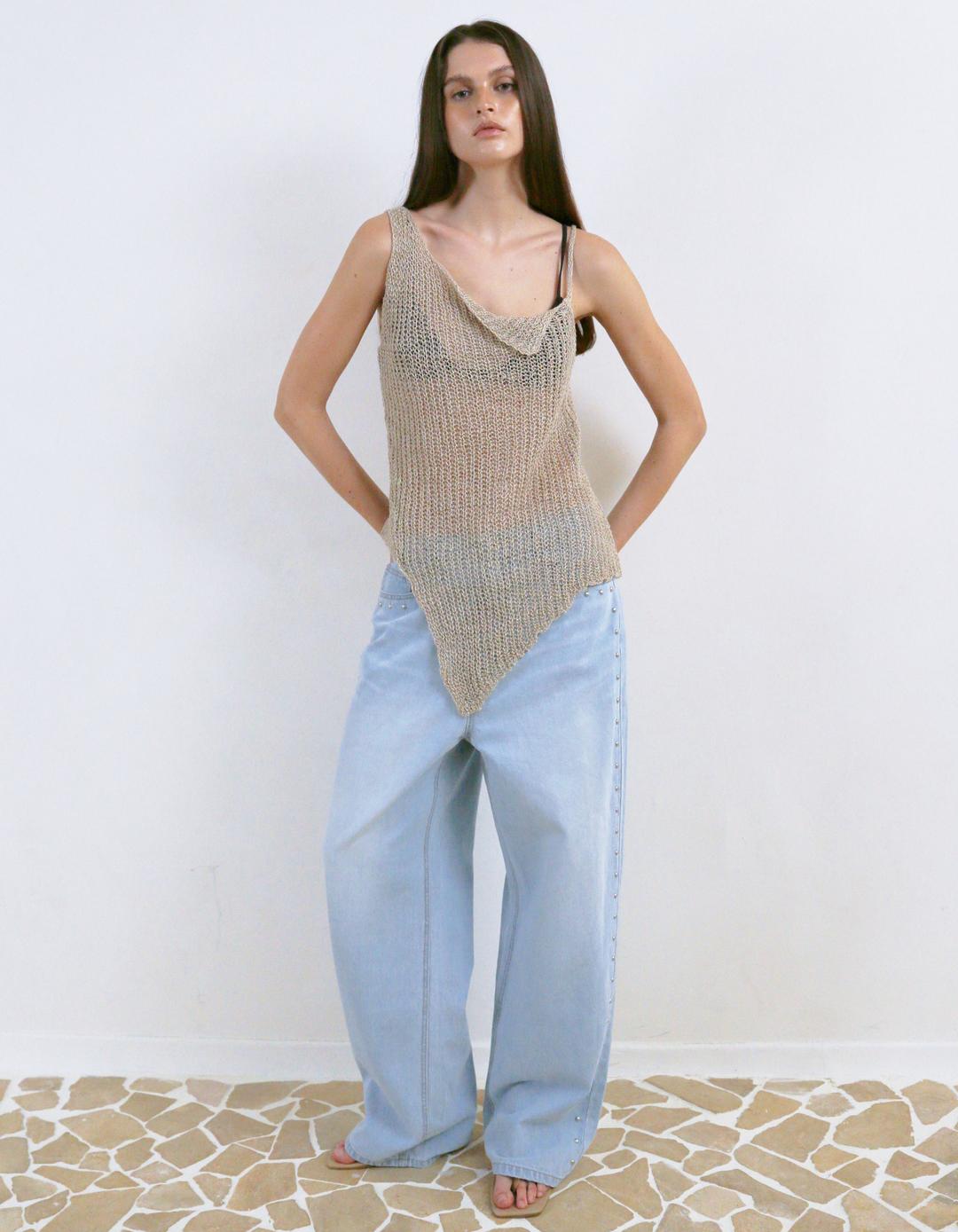 GRUNGED KNIT SLEEVELESS TOP, BEIGE