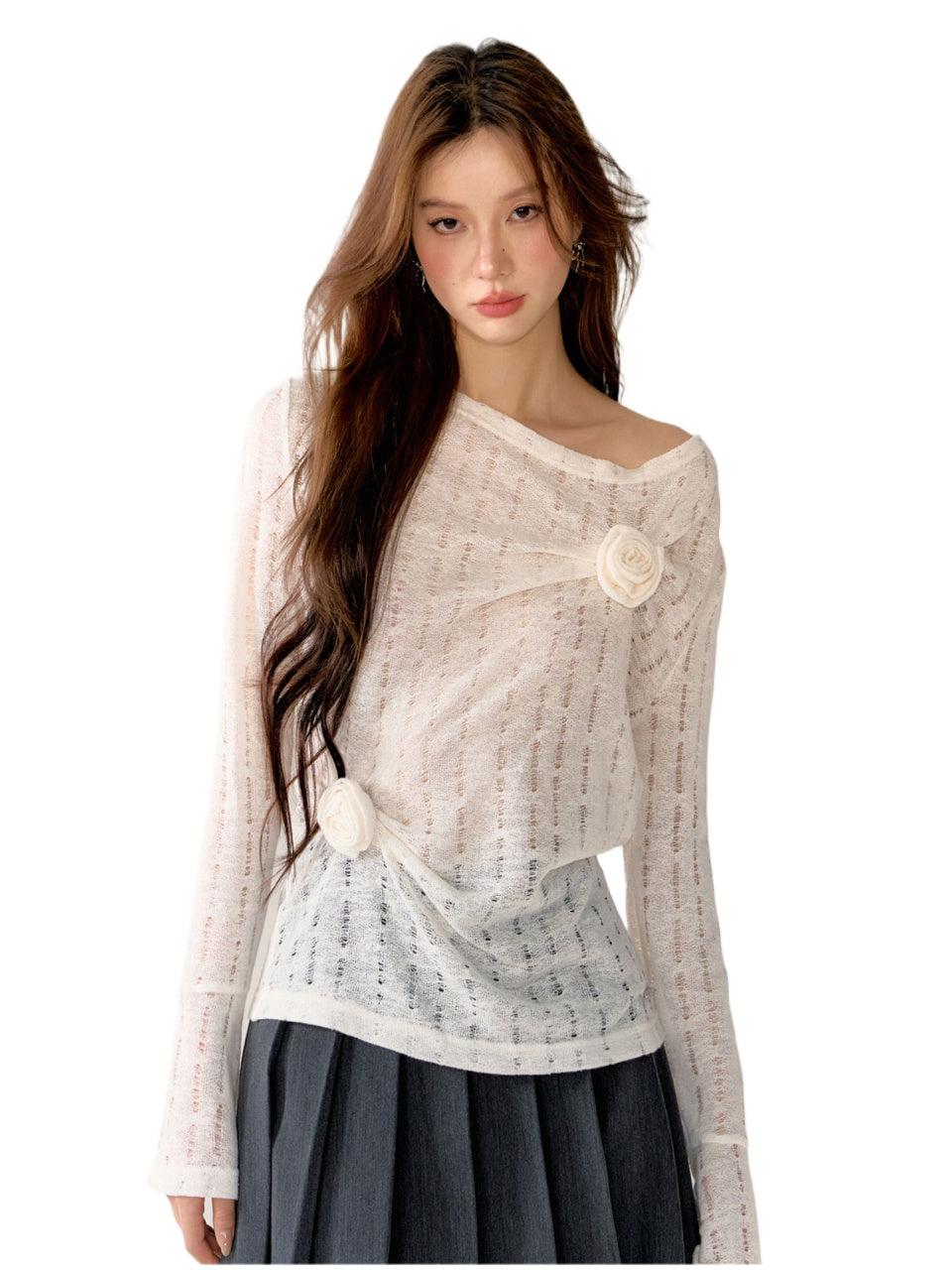 Asgony Black & Gray Hollow Knit 3D Floral Sweater