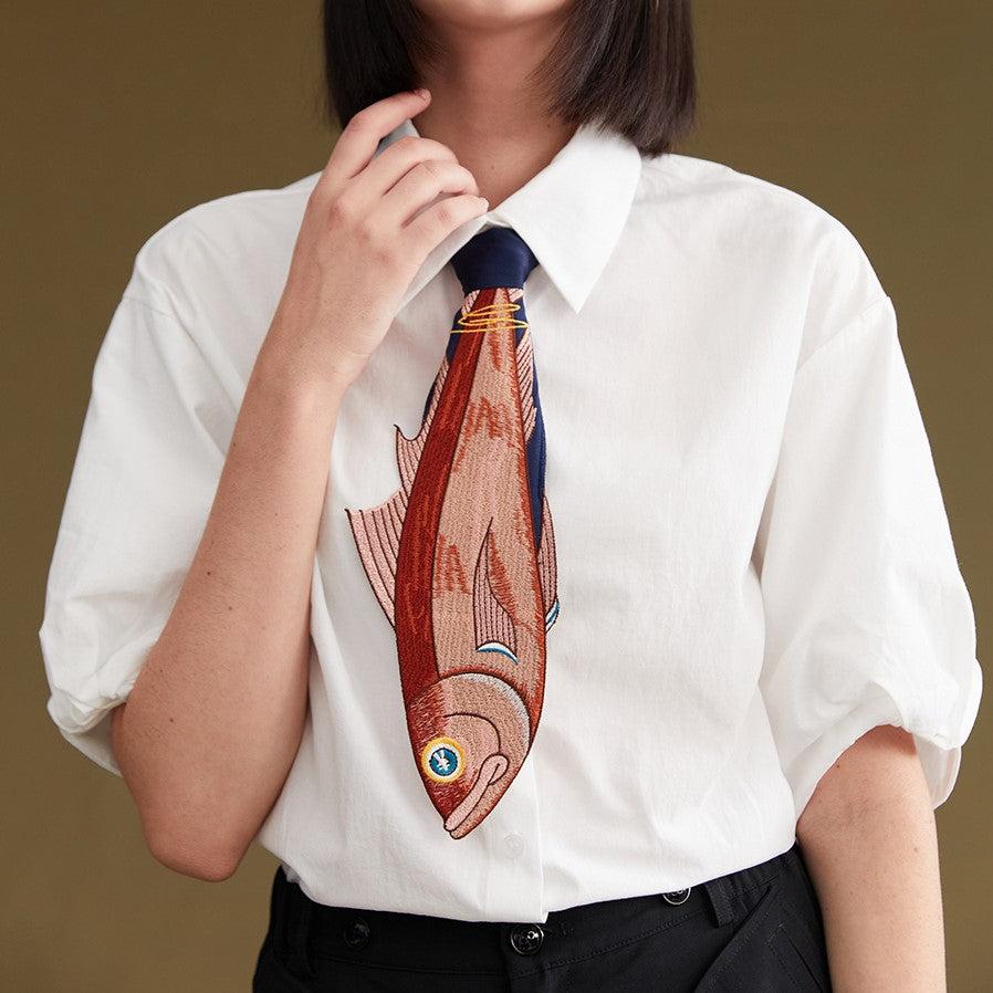 fish embroidery tie