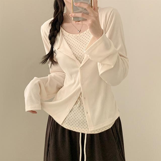 피치모드 [-3KG말라핏/코디완성!] 써머븐 일체형 도트 버튼 레이어드 긴팔 가디건 (3color)