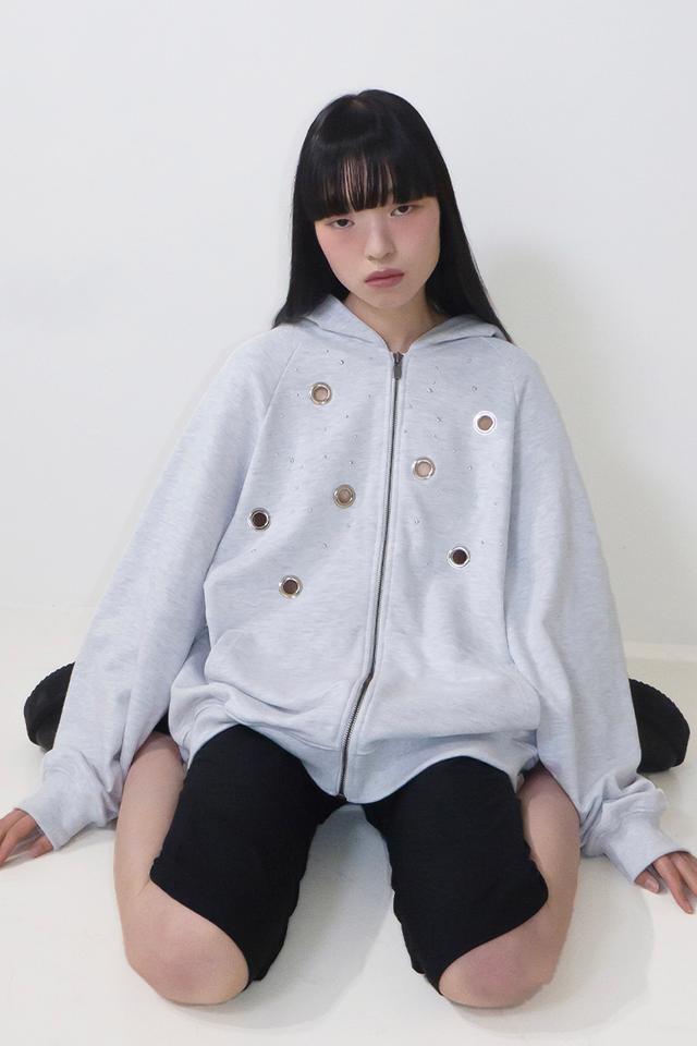 Stud Circle-ring Hoodie-White Melange