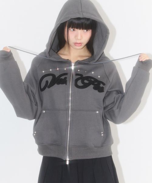 체크 아플리케 후드 집업 차콜