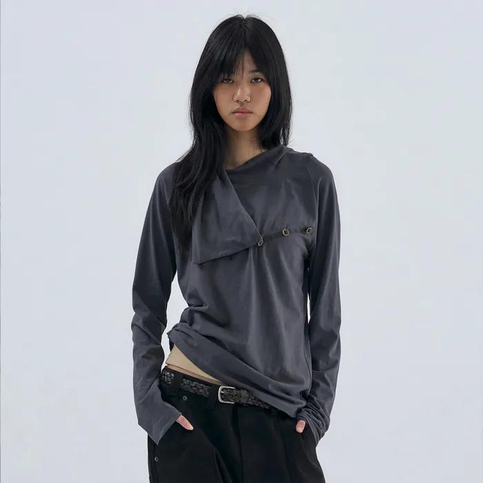 Diagonal Button Hoodie Charcoal