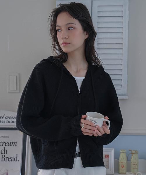 Two-way Hood Zip-up Knit [Black]