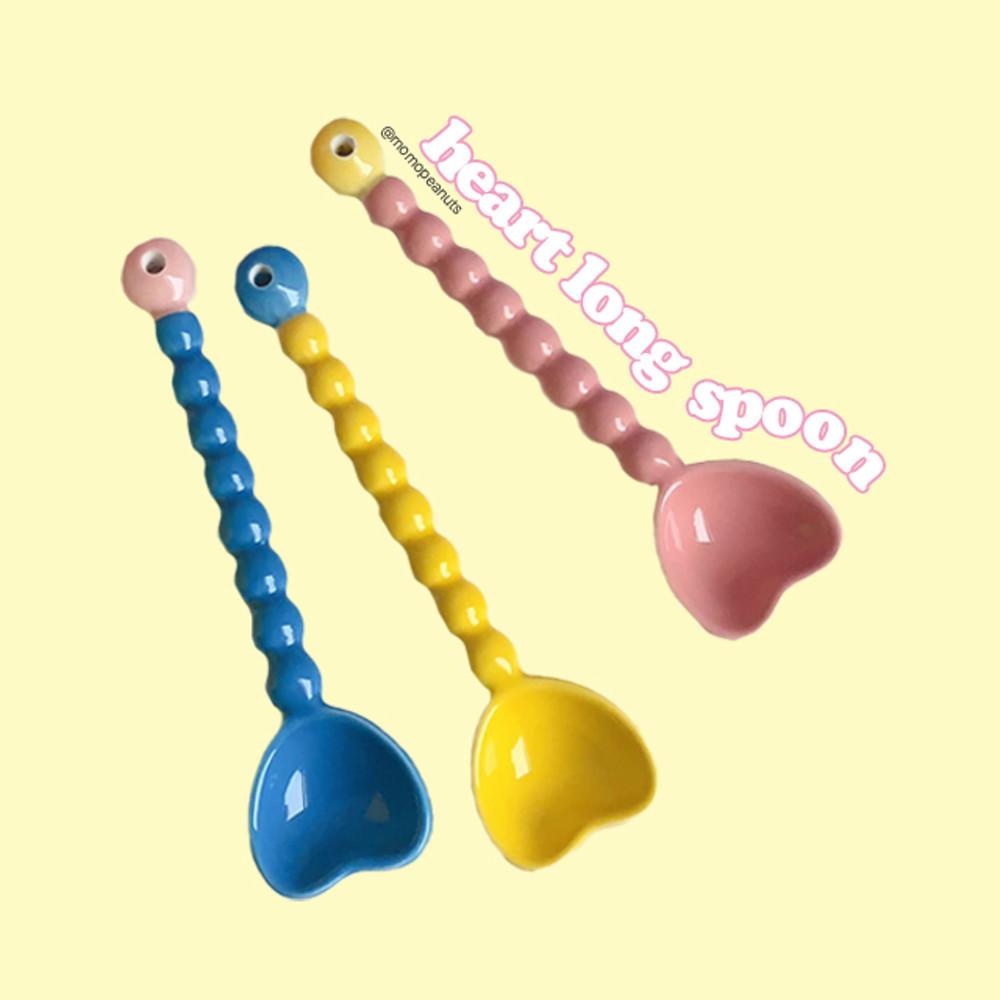 [모모피너츠] 하트 롱 구슬 스푼 긴손잡이 세라믹 티스푼 수프 요거트 커트러리 넓은숟가락