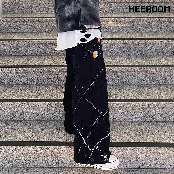 [unisex] 남여공용 페인팅 비조 와이드 밴딩 블랙 팬츠