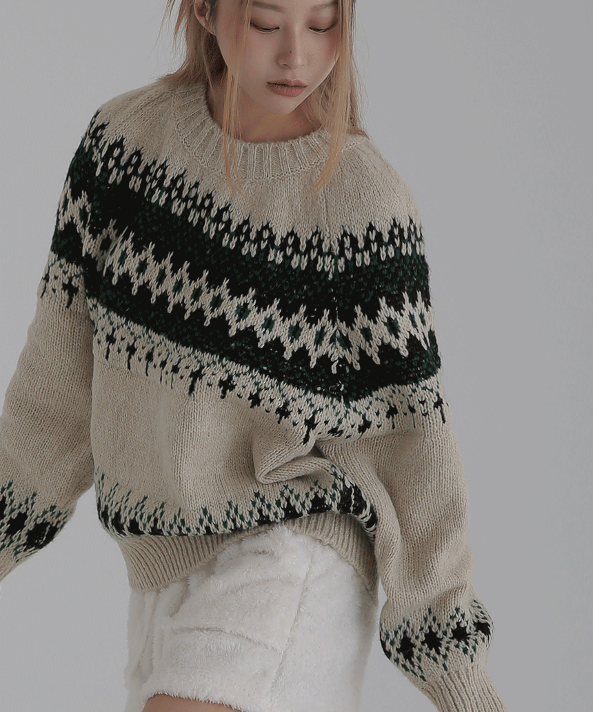 위니 빈티지 라운드 노르딕 눈꽃 니트 2col