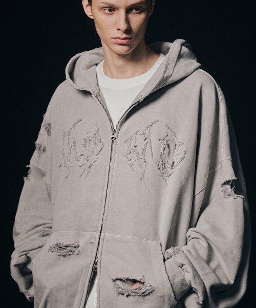 Destroyed N4ND Wild Logo Pigment Hood Zip up - Grey