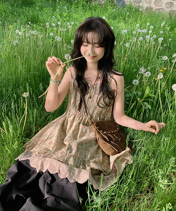 [3컬러🌼] 아오이 플라워 핀턱 미니 원피스  빈티지 페미닌 레이스 프릴 셔링 레이어드 나시 민소매 뷔스티에