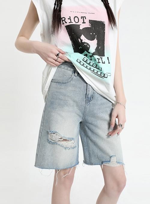 에이퍼플 여름 시원한 디스트로이 진 하이웨이스트 레트로 헤진 바지 데님 반바지 엉덩이한 락 포인트 팬츠 워싱 연청 물빠진 청반바지