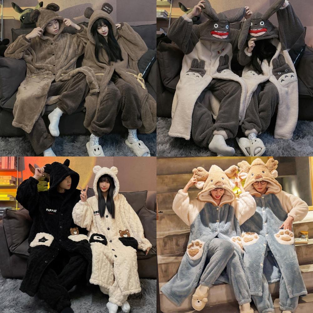 빅사이즈 커플 캐릭터가운 극세사잠옷세트 파자마파티 귀여운 겨울홈웨어 수면잠옷