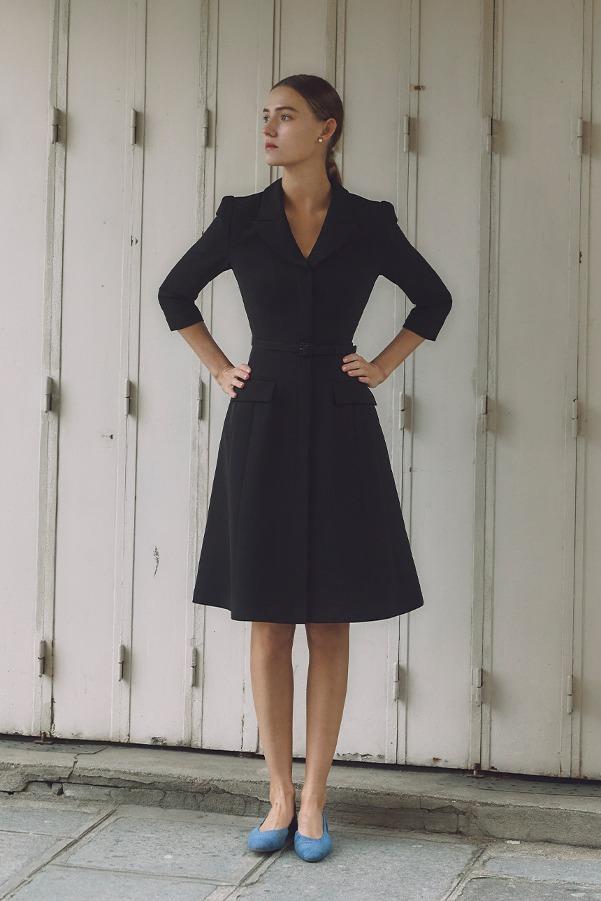 [시크릿 세일] AGATHA Notched collar three-quarter sleeve A-line midi dress (Black)