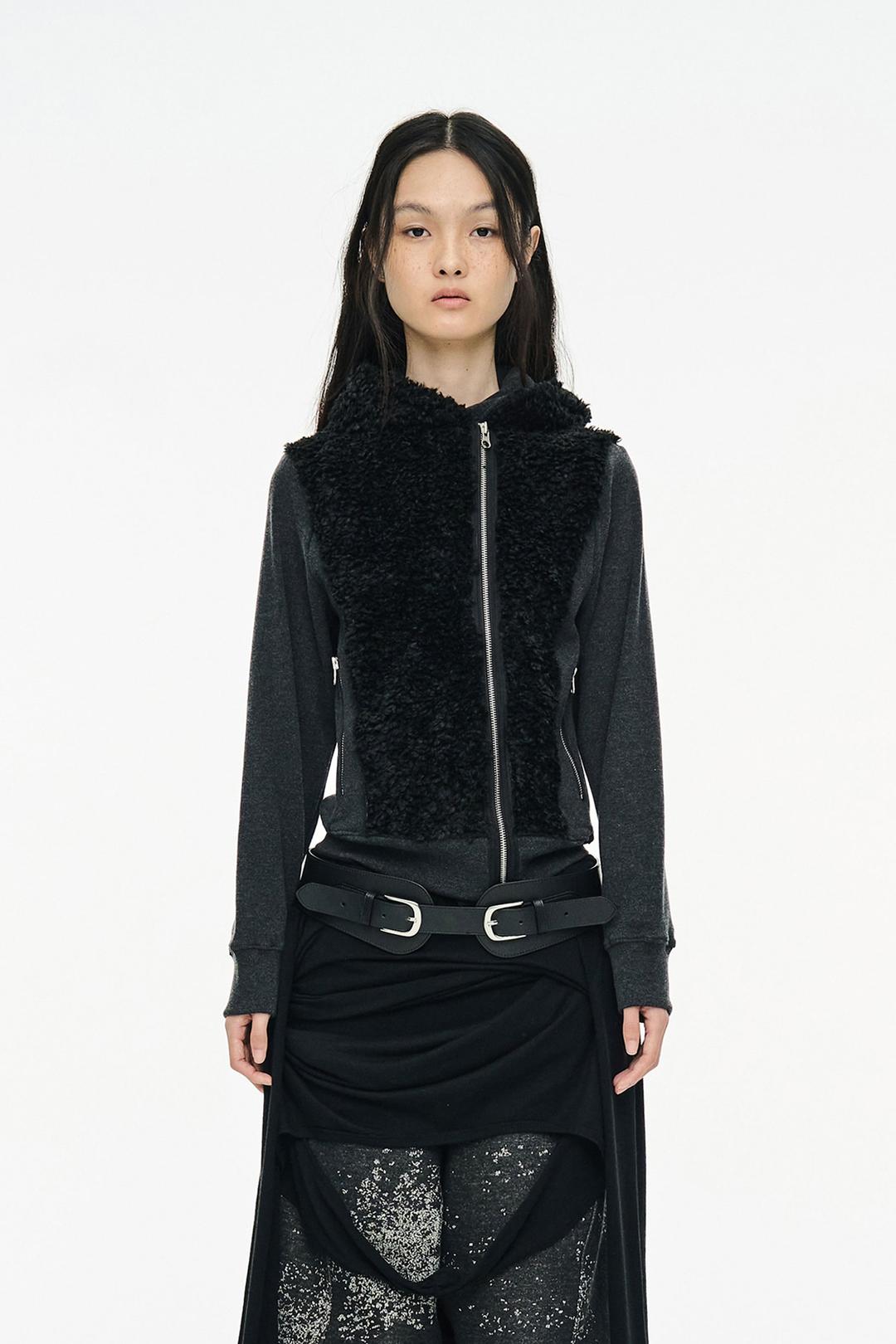 FUZZY FLEECE HOOD ZIP UP / BLACK