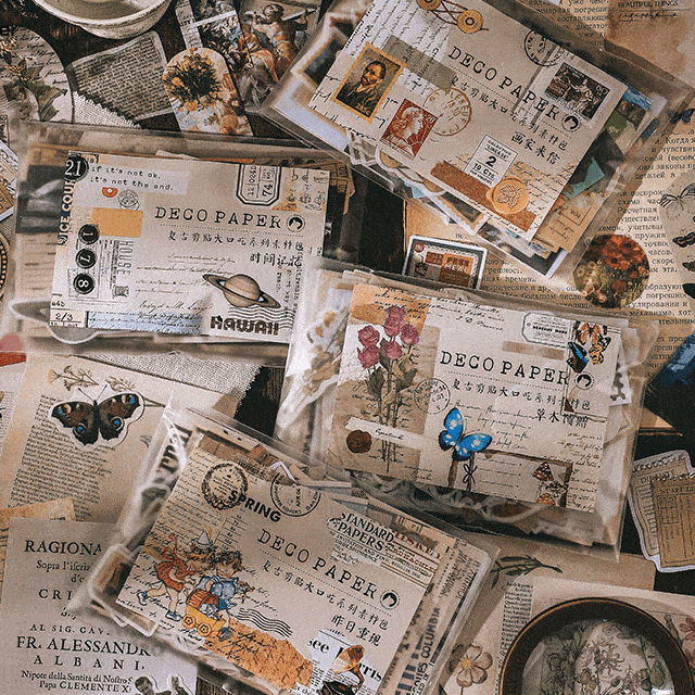 [1+1할인] 200장 빈티지 스티커 set 다이어리 꾸미기 고흐 우주 나비 신문 배경지 메모지