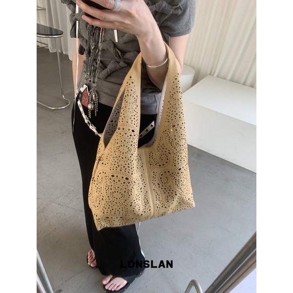LONSLAN Soft Leather Large Capacity Hollow Flower Handheld Bag