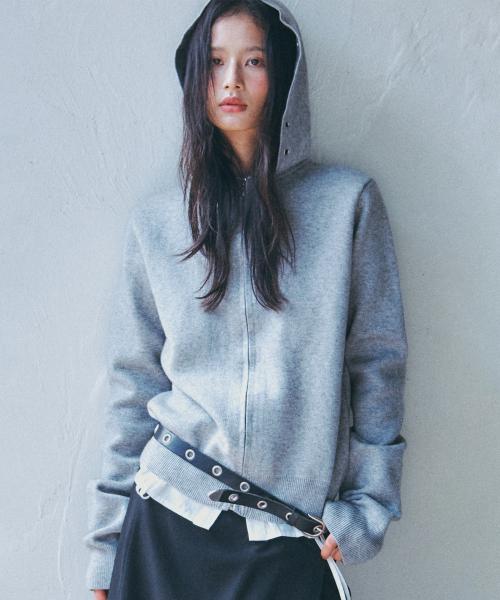 에센셜 소프트 리브드 베이직 워셔블 니트 아일렛 디테일 후드 집업 _ 2COLOR