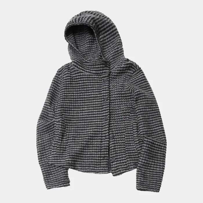 웨이브 스트라이프 하이넥 후드 스냅 니트 가디건 자켓 [차콜]