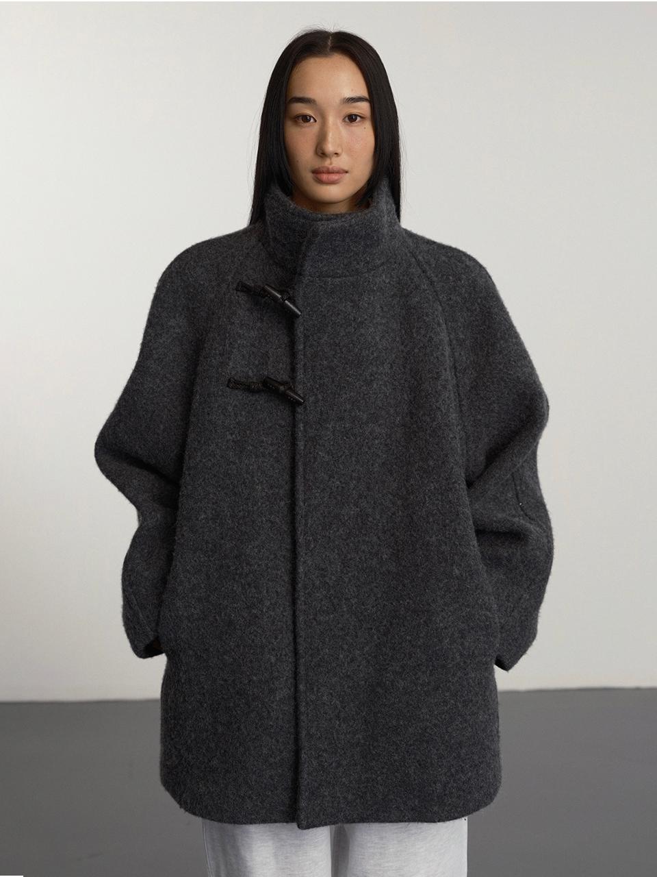 High Neck Wool Alpaca Toggle Half Length Coat [Charcoal]