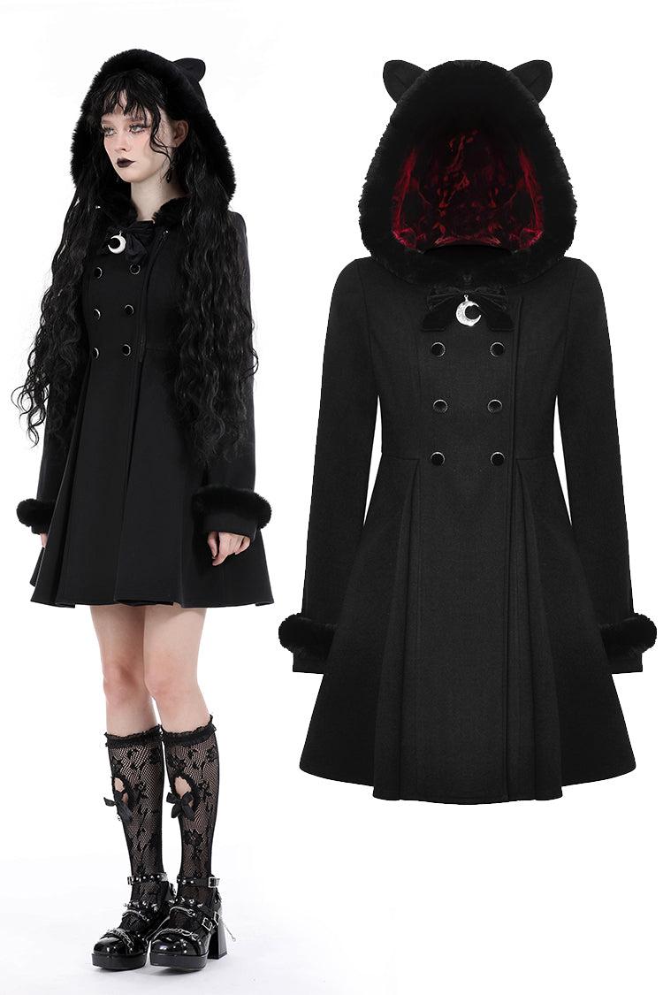 Black lolita cat ear double-breasted woolen long coat JW257 - XS