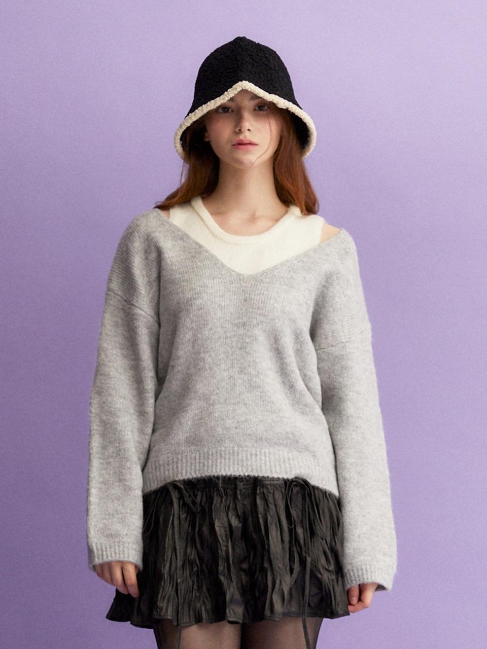 Round Neck Layered Oversized Sweater (GRAY)