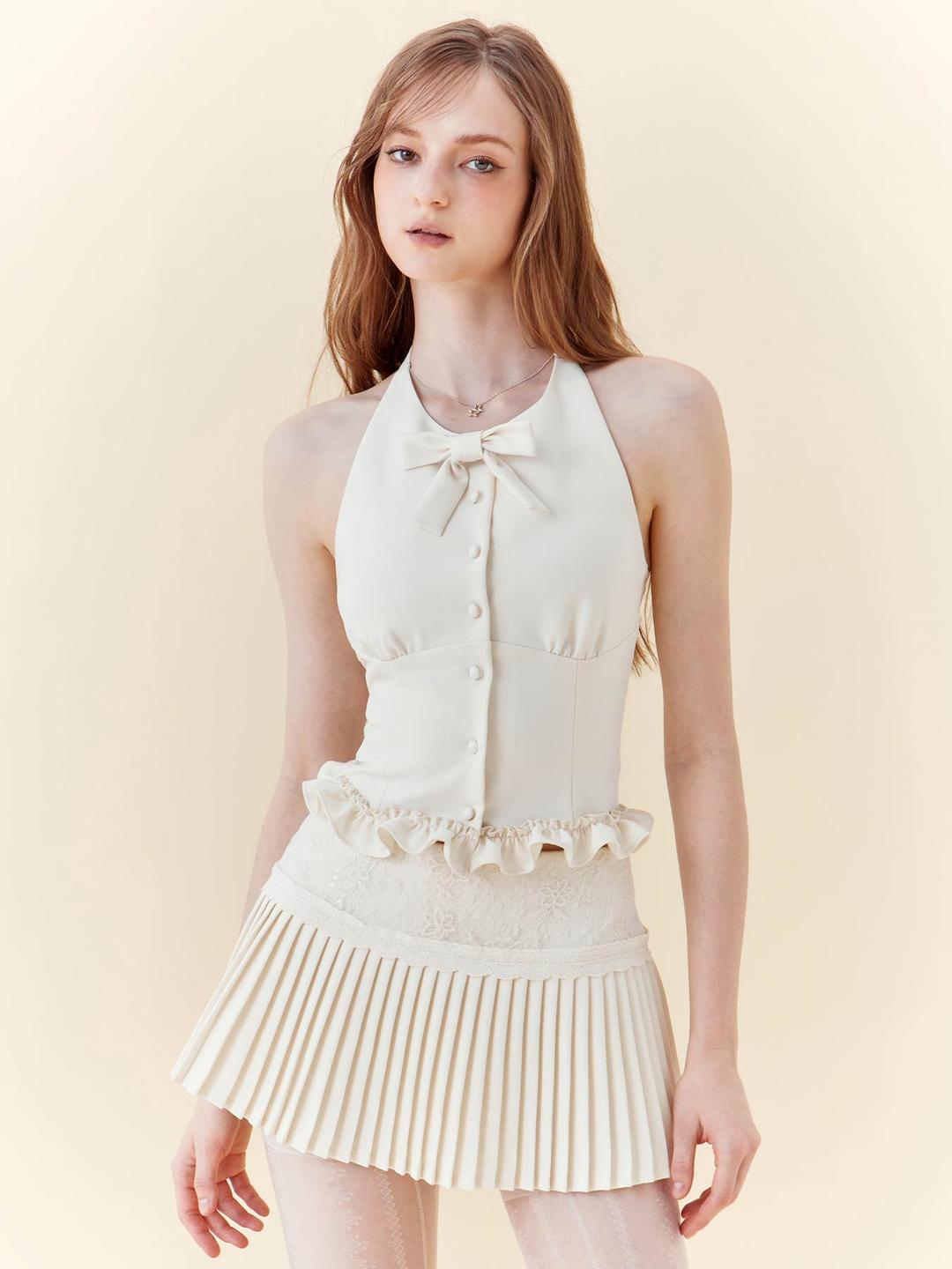 [MESS STUDIO] Ribbon Halter-Neck Pleats Two-Piece Set