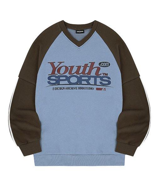 유스 스포츠 트랙 브이넥 래글런 오버핏 맨투맨 - INDIE BLUE/BROWN