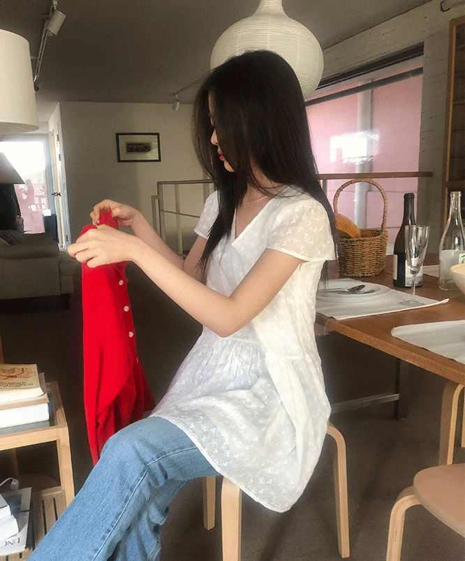 [여름신상🌊] 리메 펀칭 반팔 미니 원피스