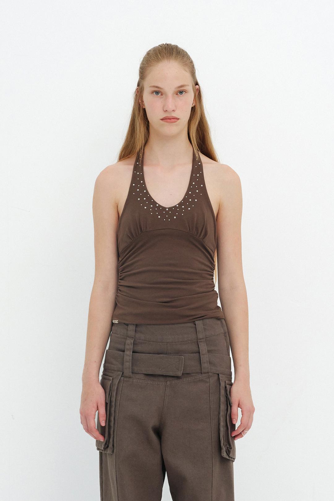 BEADS HALTER NECK TOP / BROWN