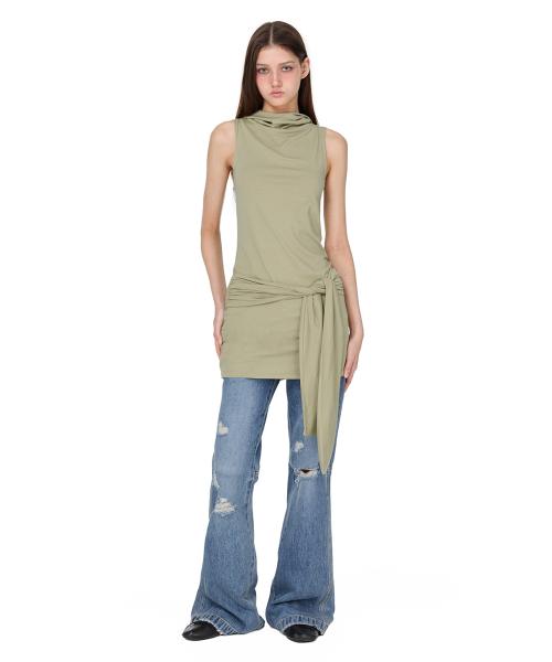 Tie Sleeveless Hoodie One-Piece, SAGE GREEN