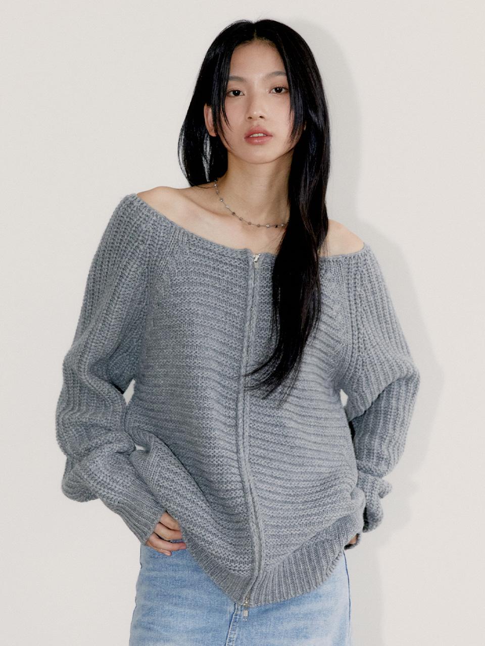 Off Shoulder Knit Zip Up, Gray
