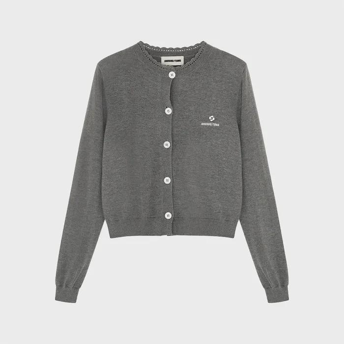 (W) Logo-stitch knit cardigan (grey)