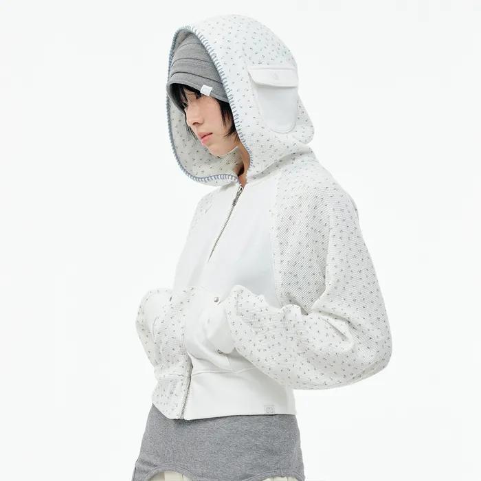 FLOWER WAFFLE HOOD ZIP-UP [IVORY]