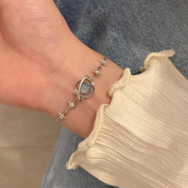MENGJIQIAO 2022 Korean Elegant Opal Space Bracelet For Women Girs Delicate Zircon Starlight Bangles Party Jewelry Gifts