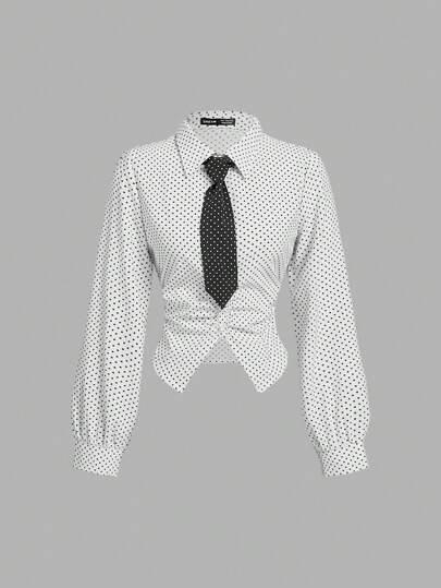 SHEIN MOD Front Pleated Collar Polka Dot Pattern Tie Decoration, Fall College Shirt, Thanksgiving Shirt, Button Down Shirt, Basic Bell Sleeve Shirt, Work Shirt, Work Clothes, Formal Shirt, Business Casual Women's, Office Shirt, Halloween, Christmas