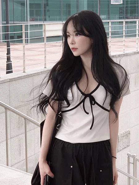 [러블리힙♥] 포에트 배색 리본 반팔 티셔츠 - 3C