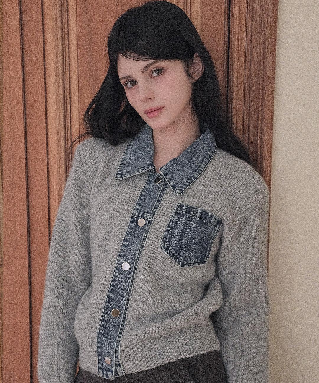 쿨키튼 [직진배송][니트셔츠/데일리🤎]데님 믹스 니트 데님 포인트 가디건 3colors