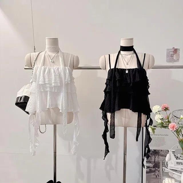 *당일발송* [페미닌!/바캉스룩!] 여름 웨이비 머플러 스카프 타이 쉬폰 시스루 언발 사선 셔링 프릴 러플 캉캉 스퀘어넥 튜브탑 레이어드 이너 무지 슬립 뷔스티에 크롭 나시 블라우스 [2color]