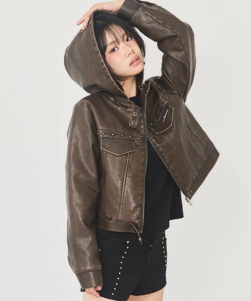 트랙 레더 후디 자켓 브라운