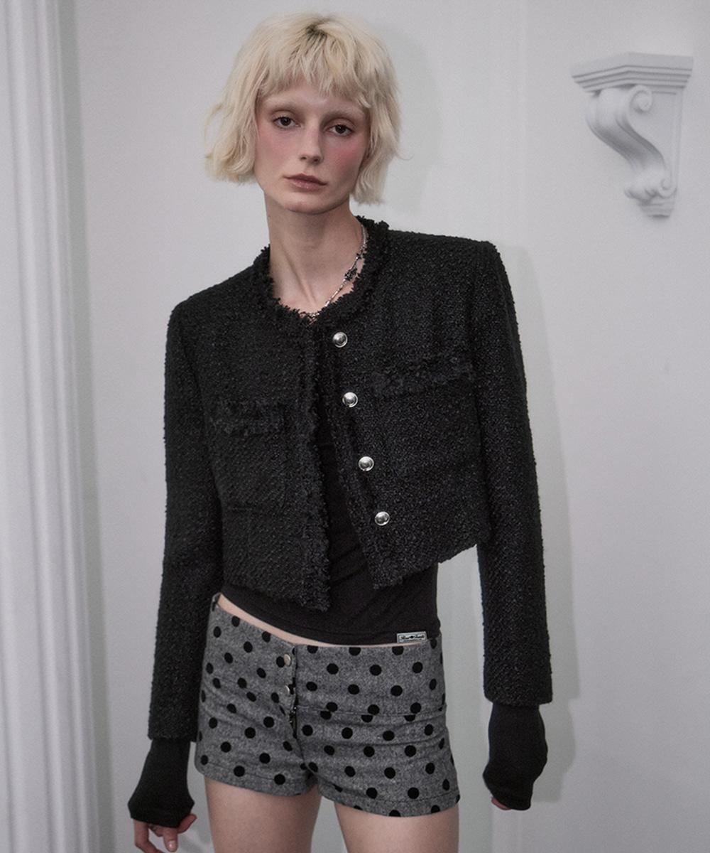Fringe Crop Tweed Jacket [Black]