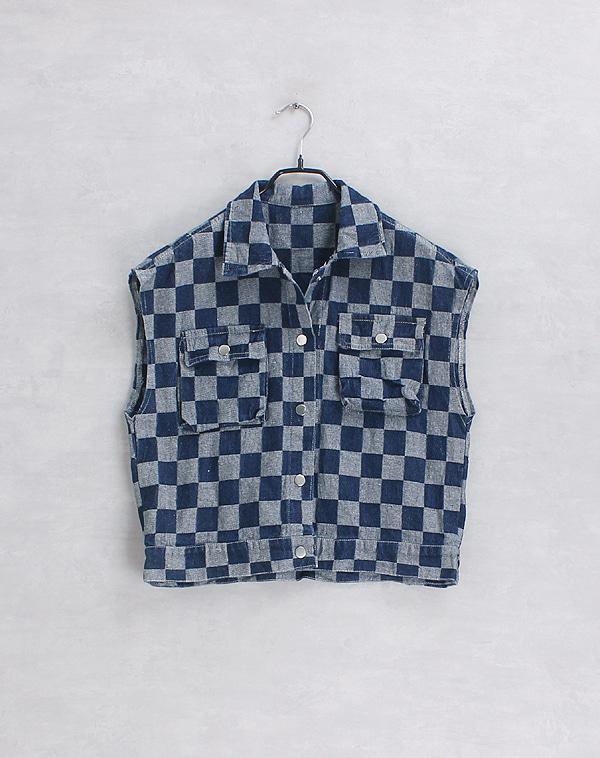 gingham check denim snap vest
