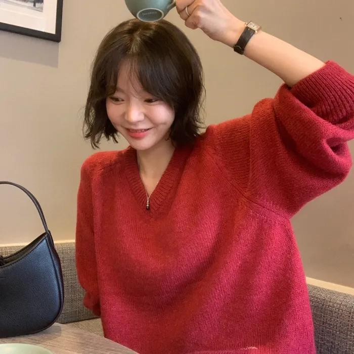 Hazel Alpaca V-Neck Knit - Vintage Red