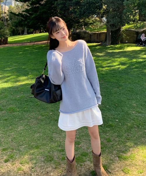 Mohair Letter Long Sleeve Knit - Light Blue